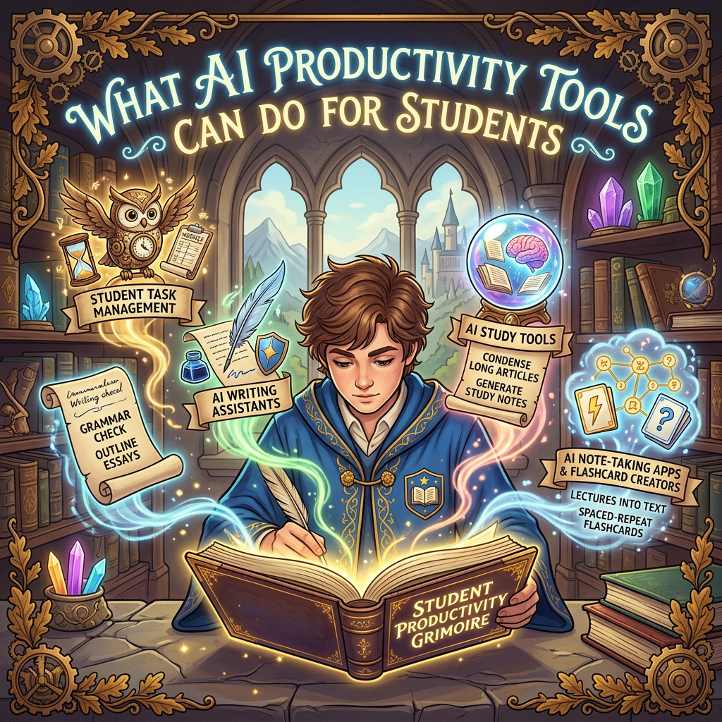 Illustration titled "WHAT AI PRODUCTIVITY TOOLS CAN DO FOR STUDENTS," showing a student with labels for student task management, AI writing assistants, AI study tools, and AI note-taking apps; book reads "STUDENT PRODUCTIVITY GRIMOIRE."