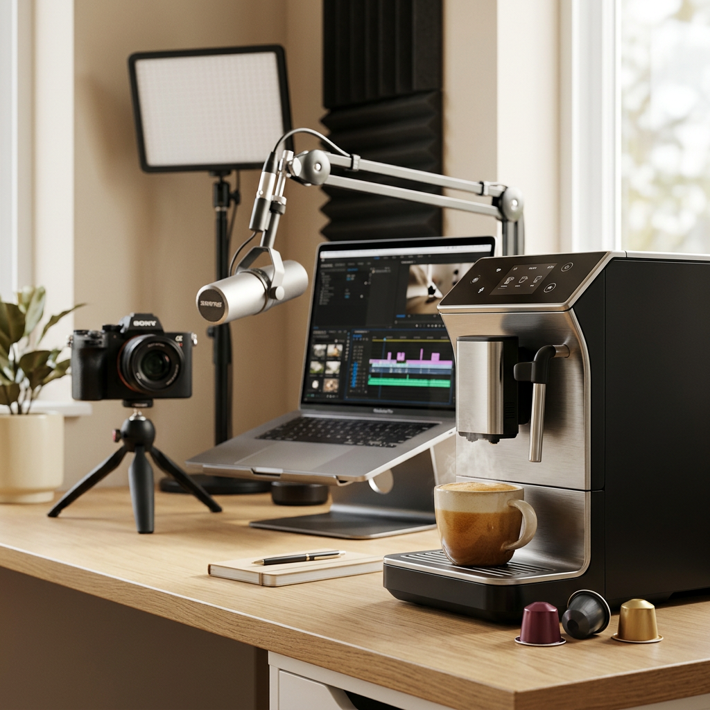 Home studio with camera, microphone, laptop, lighting, and espresso machine
